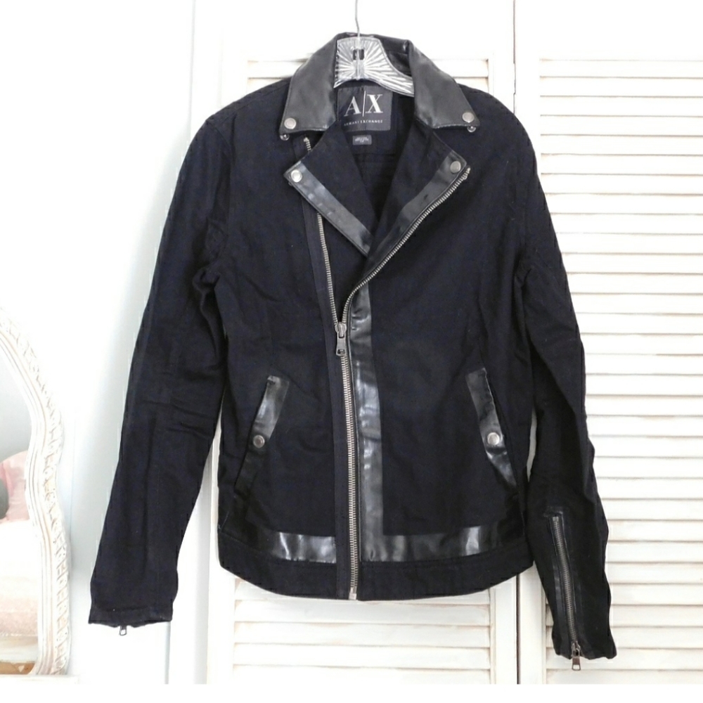 VTG ARMANI EXCHANGE WMNS BLK LTHR TRIM MOTO JACKET - Picture 3 of 7